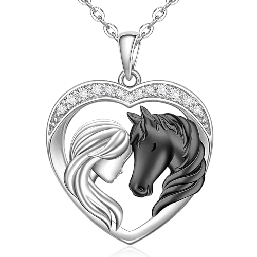 Horse Necklace for Women 925 Sterling Silver Black Horse Pendant Necklace Horses Gifts Heart Mothers Day Equestrian