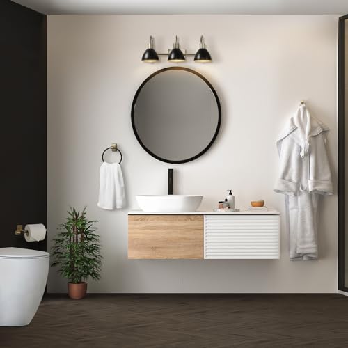 Image of GLOBE Electric 63000058 5-Piece All-in-One Bathroom Accessory Set, Brass & Black, 3-Light Vanity Light, Towel Bar, Toilet Paper Holder, Towel Ring, Robe Hook, Bathroom Lights Over Mirror