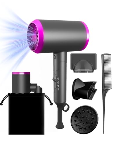 Sèche Cheveux de Voyage Pliant 2000W, Sèche-Cheveux Ionique Professionnel avec 3 Températures & 2 Vitesses, Diffuseur, Concentrateur Rond & Plat, Thermo Protect pour Maison Voyage Salons de Coiffure