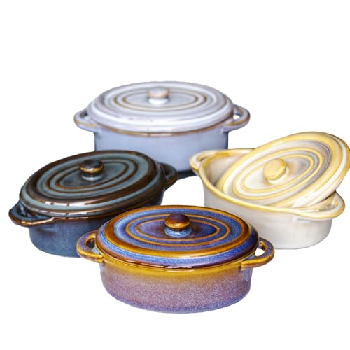 Set Of 4 Oval Reactive Glaze Mini Casserole Dishes 230ml Stoneware Oven Pots With Lids