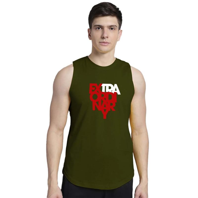 friskers Men Extra Ordinary Printed Cotton Sleeveless T-Shirt, Gym Vest (Olive Green)-picture-54