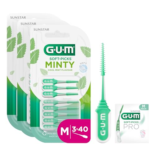 Bâtonnet Interdentaire GUM® SOFT-PICKS® MINTY/Brins en Caoutchouc Souples Parfum Menthe/Nettoyage Doux pour les Gencives/Pack 3x40 unités +1 bonus offert