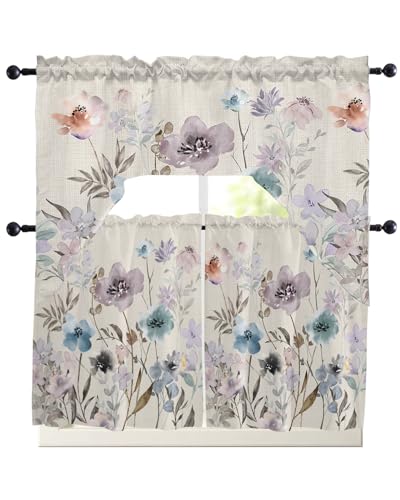 Botanical Flower Swag Kitchen Curtain Sets with Valance,3 Pieces Rod Pocket Curtain Drapes for Bedroom Living Room Bathroom Cafe Windows,Farmhouse Watercolor Plant Leaves 56''x36''&24''x27.5''x2Panels
