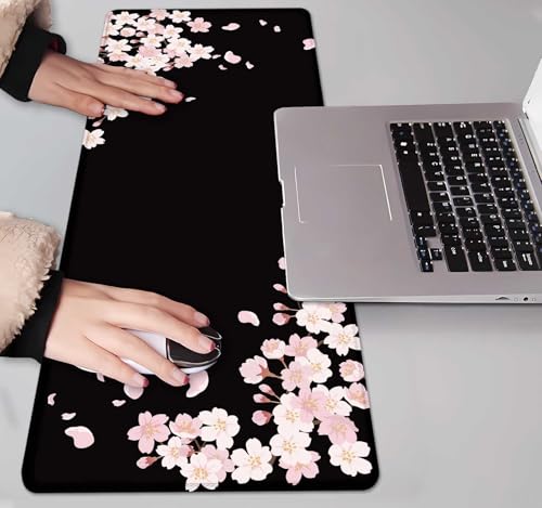 Image of IMAYONDIA Sakura Japanese Desk Mat, Cherry Blossom Large Gaming Mouse Pad, Black Elegant Floral Mousepad for Women, Minimalistic Flower Aesthetic Desk Pad for Work, Game, Office, 31.5x11.8