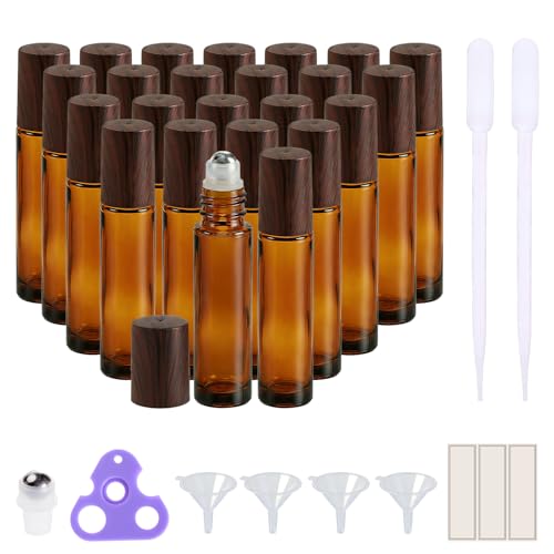 PrettyCare 24 Pack, 10 ml Essential Oil Roller Bottles with Stainless Steel Roller Ball - Refillable Leak-proof Empty Thick Amber Glass Roll on Bottles with Wooden Caps for Travel, Perfume
