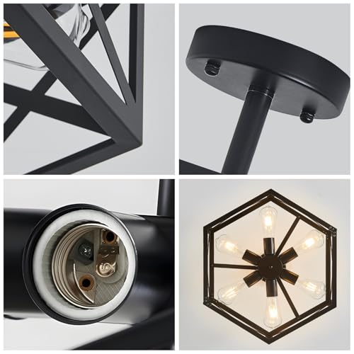 OTeedo Modern Semi Flush Mount Ceiling Light,19.7" 6-Light Hexagon Flush Mount Ceiling Lights for Dining Room Light Fixture,Farmhouse Black Metal Kitchen Island Lighting Fixtures for Hallway,Bathroom by OTeedo - Used condition - Image 5