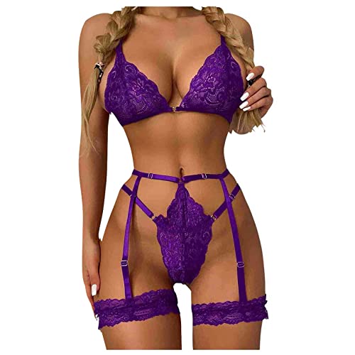 SSLLH Erotic Dessous Set Damen Erotische Spitze Reizwäsche Flirty Lingerie Sexy 3-TGL Strapse für Frauen BH und G-String Strumpfhalter Verführerisches Lace Perspektive Negligee Sex, Violett, S Cover