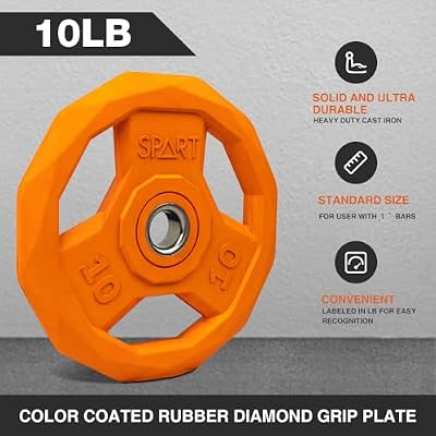 SPART Color Coded Weight Plate 1-Inch Rubber Coated Standard Grip Plate for Barbell,Solid Cast Iron Weight Plates for Strength Training,Weightlifting,Crossfit, Fit All 25/28mm Barbells