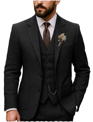 Vintage Men's Suits Regular Fit 3 Piece Tuxedos Tweed Herringbone Blazer Vest Pants for Wedding Groomsmen
