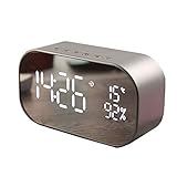 Reloj Despertador LED para mesita de Noche, inalámbrico, con Altavoz Doble y Superficie de Espejo, para recordatorio de Tiempo, decoración de habitación, Plateado, Tamaño Libre