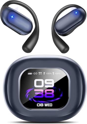 Intelligent Touch Screen Open Ear Bluetooth 5.4 Headphones,Wireless Bone Conduction Over The Ear Earbuds Built-in Mic Sport Earphones with Comfort Ear Hooks,IPX7 Waterproof for Running Fitness,Blue