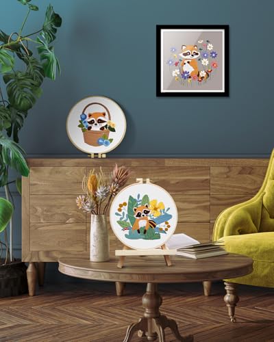 Image of TINDTOP 3 Pack Embroidery Kit for Adult Beginners, Embroidery DIY Starter Kit, with Raccoon Stamped Patterns, Hoop, Tools, Colorful Threads with Needles, Instructions