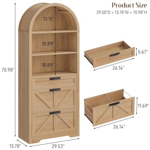 Image of Vabches 71 inch Tall Arched Bookcase with File Cabinet Drawers, Natrual | Farmhouse Freestanding Wooden Bookshelf, 3-Tier Large Open Display Storage Shelves for Home Office Living Room