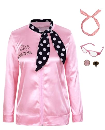 KASOYA 50s Ladys Pink Satin Jacket Halloween Cosplay Costume Pink Jacket with Neck Scarf (Medium,Pink-6002)