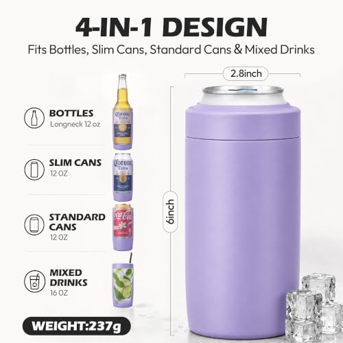Image of 4-in-1 Slim Can Cooler Easy to Hold Insulated Beer Can Holder Double-Walled Stainless Steel for All 12 Oz Cans (lilac purple)