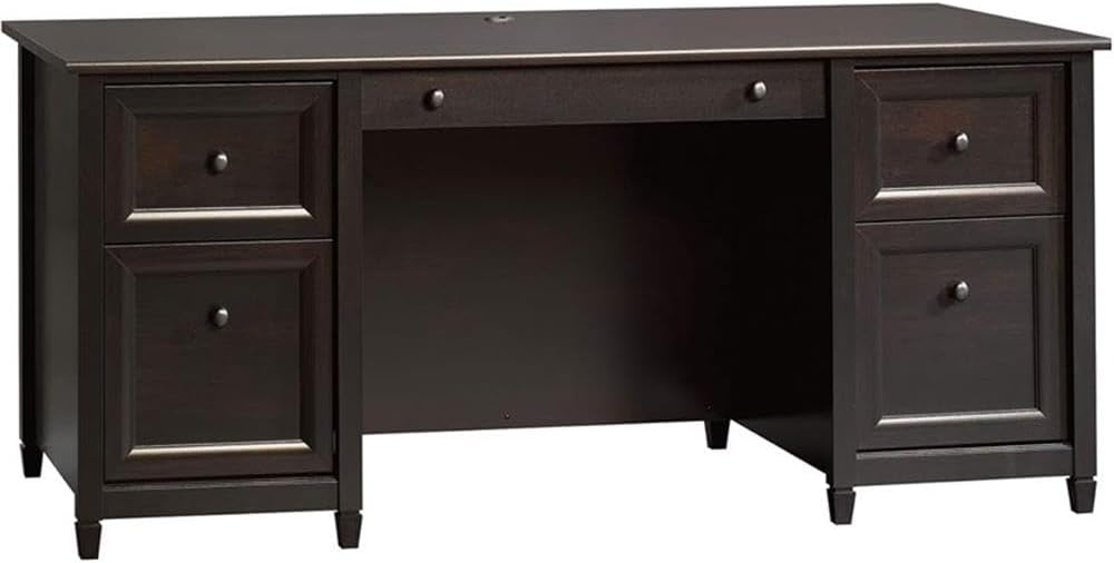Pemberly Row Engineered Wood Executive Desk, Estate Black Finish, 65.13" H x 29.5" W x 29.38" D, 4 Drawers, Keyboard Tray, File Storage, Grommet Hole, Double Pedestal Design for Home Office Use