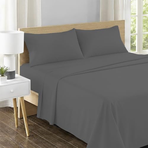 Image of Feather & Stitch 500 TC Split King Size Sheet Set, 5 piece Bed Sheets Set-2 Twin Fitted Sheet, 1 King Flat Sheet & 2 King Pillowcases, 18 inch Deep Pockets Sateen Weave Solid Bedsheet - (Charcoal Slate)