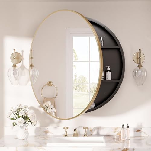 Image of TETOTE Gold Round Bathroom Medicine Cabinet with Mirror 30 x 30, Adjustable Shelves, Farmhouse Wall Storage, Surface Mounted