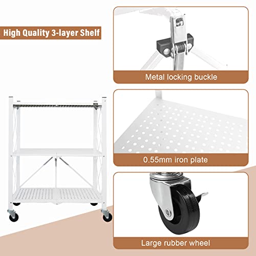 Alanng Storage Shelves Heavy Duty On Wheels, 3 Tier Rolling Cart, Metal Shelving Units 28" W X 14" D X 35" H For Garage Kitchen Bakers, Metal Wire, Collapsible/Foldable Organizer Rack, White #TOP2