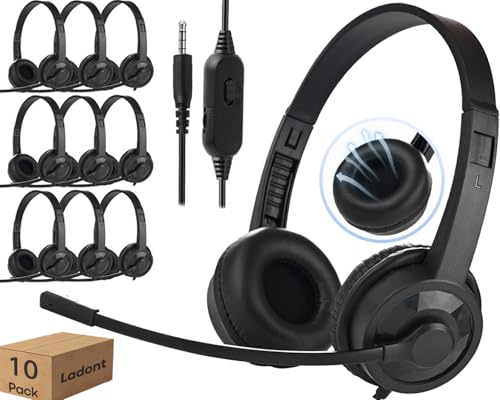 Ladont Bulk Headphones with Microphone for Classroom School (10 Pack),6ft Ultra-Long Line, Durable Headset, 3.5mm Wired Headset with Mic for Computer Laptop PC