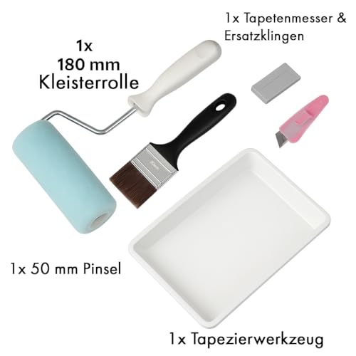 Mäster Roller- und Pinselset für Tapezieren – Serie Superior – Komplett-Set mit 180 mm Kleisterrolle, 50 mm Pinsel, Tapezierwerkzeug, Tapetenmesser, Farbwanne und Ersatzklingen – Für Tapezieren