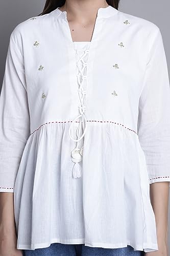 Image of Rajnandini Women's Pure Cotton Embroidered Short Western Top (JOPLJPR707 Off White)