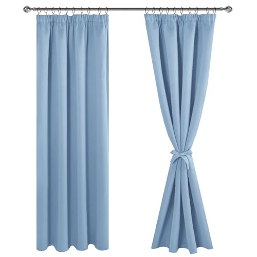 JIUZHEN Opaque Curtains Ruffle Tape Blackout Curtains Living Room Curtains Bedroom Thermal Curtain Light Blue H 228 x W 117 cm Set of 2 - Image 2