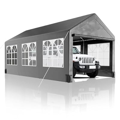 GarveeLife Carport, Heavy Duty 12FT X 20FT Carport Canopy, with 4 Load-Bearing Sandbags, Roll Up Mesh Window, Pe Waterproof Canopy, Reinforced Steel Pipes 1.3mm Tube Wall Thickness for Cars, Truck