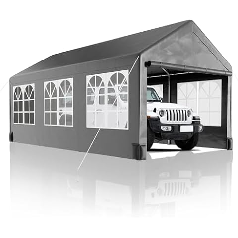 OutdoorVibe Carport 10x20Ft, Heavy Duty Carport Canopy with 4 Load-Bearing Sandbags, Roll-Up Mesh Window, Waterproof PE Cover, Reinforced Steel Pipes (1.3mm Wall Thickness) for Cars & Trucks (Grey) Cover