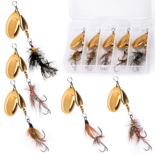 Dr.Fish 5 Pack Trout Spinners Lures, Fishing Fly Spinner Brass Hard Metal Spinnerbait Freshwater Hand-Tied Rooster Tail Fishing Lures Kit for Bass Pike Salmon with Tackle Box