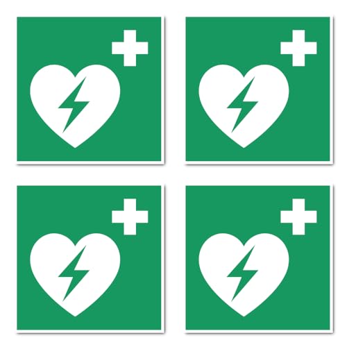 Automatisierter Externer Defibrillator (AED), Rettungszeichen: E010 - DIN EN ISO 7010 / ASR A1.3 - Aufkleber: 10 cm, 4 Stück