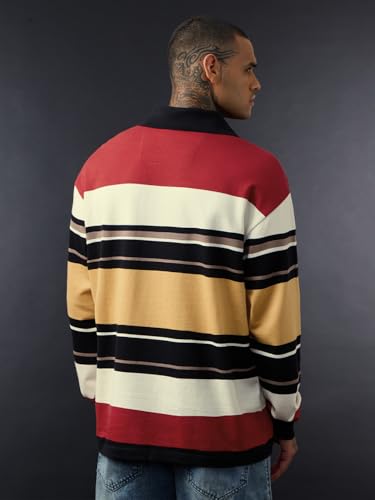 Image of The Souled Store Oversized Rugby Polo: Men and Boys Long Sleeve Spread Collar Striped Cotton Oversized Fit Breathable Everyday Lightweight All-Season Polos