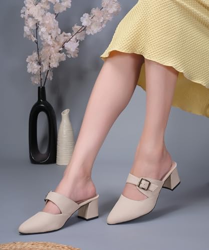 Image of JM LOOKS Sophisticated Buckle Strap Pointed Toe Mules with Contemporary Block Heel for Versatile Fashion Styling