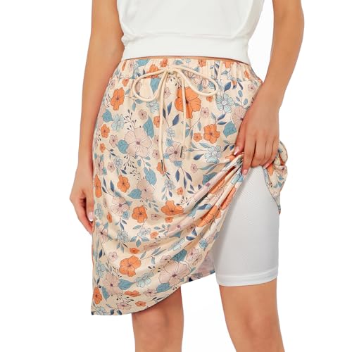 Zando Skorts for Women Dressy Casual Knee Length Skirts for Women with Pockets Tummy Control Athletic Skirt with Shorts Underneath Tennis Skirt Golf Skort Drawstring Orange Flower Large