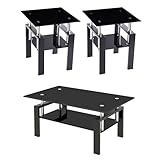 SMARTIK Glass Coffee Table Set of 3, Modern Black Living Room Tables, Coffee and End Tables, 3pcs Coffee Table Set for Living Room (All Black Set of 3)