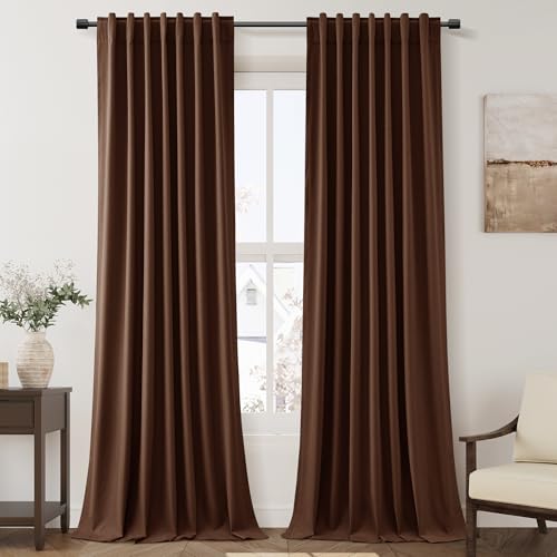 Image of Rustic Brown 100% Blackout Linen Curtains 108 Inches Long for Bedroom Back Tab Thermal Insulated Rustic Farmhouse Decor Black Out Curtain for Living Room Floor to Ceiling High Window 52x108, 2 Panels