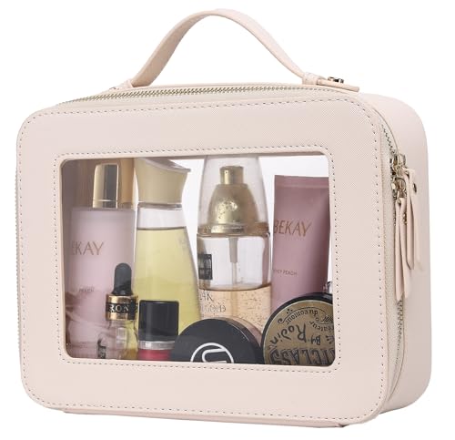 Pinkmik Bolsa de maquillaje transparente para viaje, para cosméticos y artículos de tocador, bolsa de brochas y bolsa transparente para coche con cremallera, M/beige, L, Bolsa de maquillaje