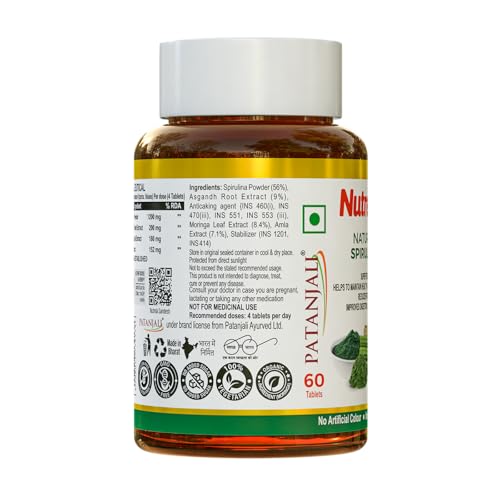 Image of Patanjali Natural Spirulina Tablets with Amla, Moringa and Ashwagandha Extract for Men and Women - Pack of 3