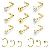 Gotumo 20G Nose Rings Titanium Nose Studs Cubic Zirconia L Shaped Nose Piercing Jewelry Hypoallergenic Nose Rings Studs for Women Men 15pcs set Gold(L)