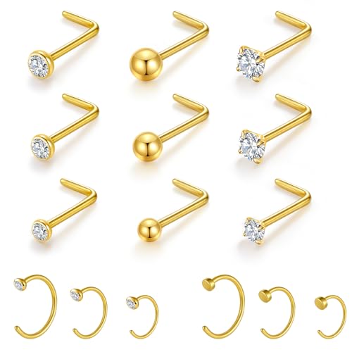 Gotumo 20G Nose Rings Titanium Nose Studs Cubic Zirconia L Shaped Nose Piercing Jewelry Hypoallergenic Nose Rings Studs for Women Men 15pcs set Gold(L)