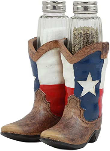 Ebros Western Cowboy Or Cowgirl Texas Flag Boots Salt And Pepper Shakers Set With Decorative Resin Display Holder Figurine And Glass Shakers Kitchen Two Step Spice Decor #TOP4