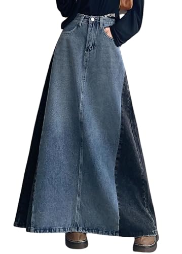 chouyatou Women's Vintage A-Line Maxi Denim Skirt Casual Color Block High Waist Long Jean Skirt