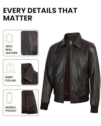 Image of Decrum Men's Bomber Leather Jacket - Vintage Style Real Lambskin Leather Jacket with Rib-Knit Cuffs and Hem