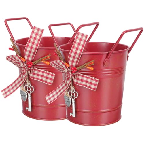 TOBBOMEY 2 Piezas Cubos Maceta Navidad con Asa Macetas Multifunción de Lata para Flores y Dulces Maceteros Decorativos para Oficina y con Lazo Festivo