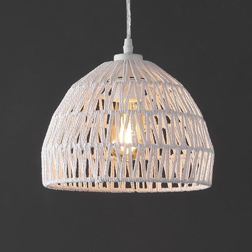 Image of JONATHAN Y 10.25 inch White Modern Bohemian Woven Rope LED Pendant Light Fixture, Adjustable Dome Ceiling Lamp for Kitchen Island, Rope Shade, Coastal Farmhouse Decor (JYL6513A)