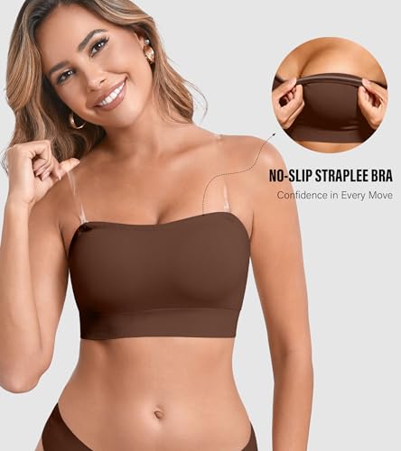 Image of DEANGELMON Strapless Bras for Women Wireless Push Up Non-Slip Bandeau Bra Seamless Clear Straps TubeTop Padded Bralette