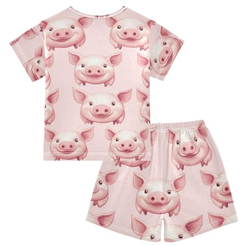 Pajama Short Sets Pig Pink Pattern Print Soft Cotton Summer Sleepwear 2 Piece PJS Size 5-14T2