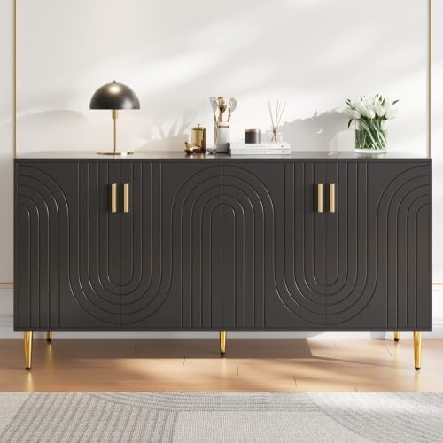 Merax Black Sideboard with Wave Design, Golden Handles and Feet, Modern Buffet Cabinet for Dining Room, Living Room, and Kitchen, 152 x 40 x 75 cm