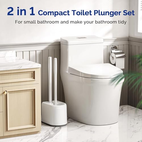 Image of HAMITOR Toilet Plunger and Brush Set for Bathroom Cleaning with Extented Handle - Heavy Duty Toilet Plunger Combo Accessories with Caddy Stand Holder for Small Space - White,2 Sets