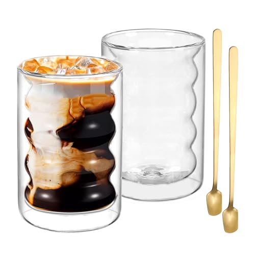 2 Pezzi Vetro termico a doppia parete Tazze da Cappuccino in Vetro da 350 ml Bicchieri da caffè a doppia parete Bicchieri da vetro borosilicato con 2 cucchiai per cappuccino latte tè succo di latte